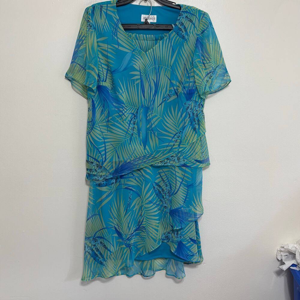 Studio 1 Floral Maxi Skirt Set 14W Blue Yellow Tropical 2pc